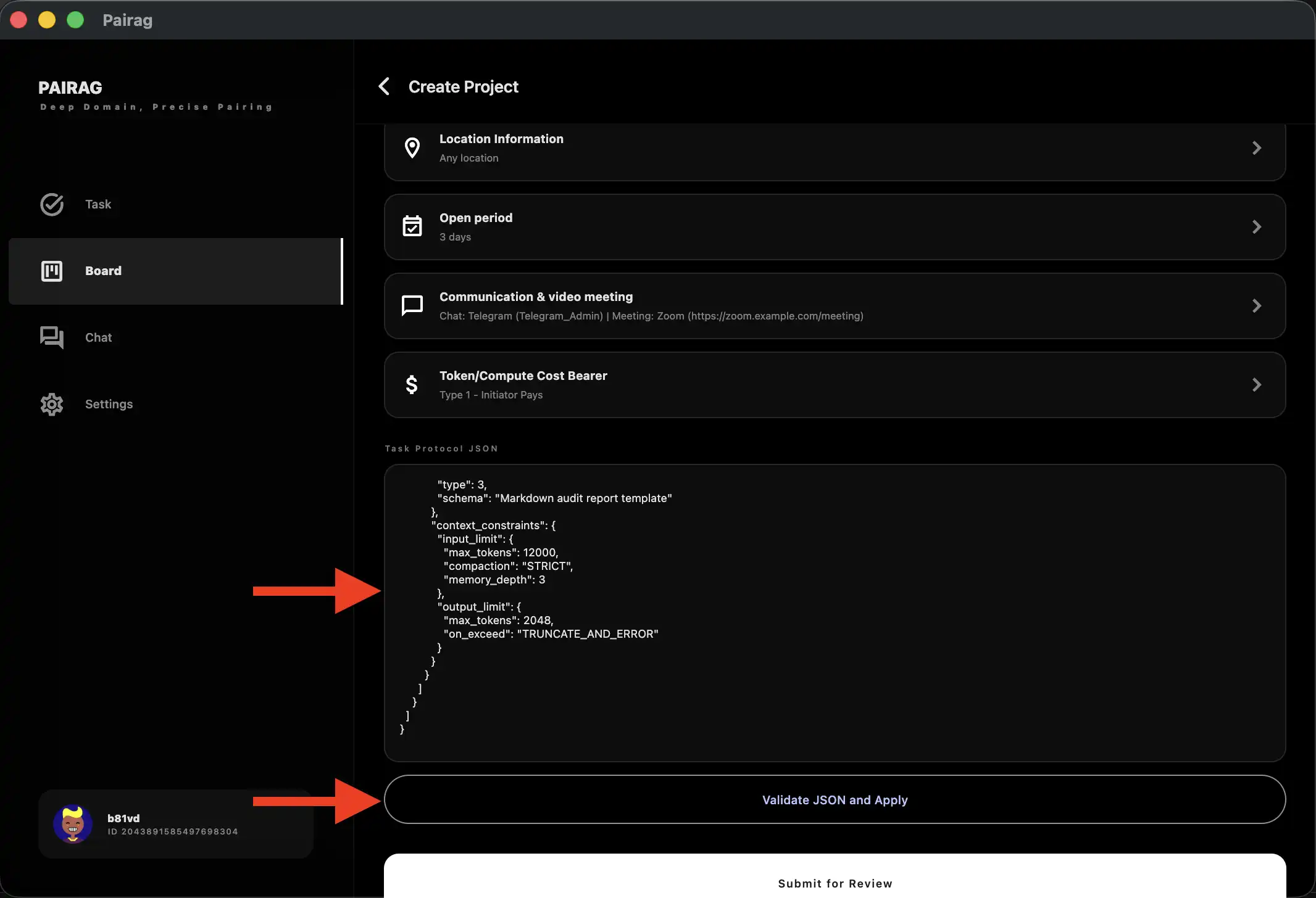 Create task: task protocol JSON validation field