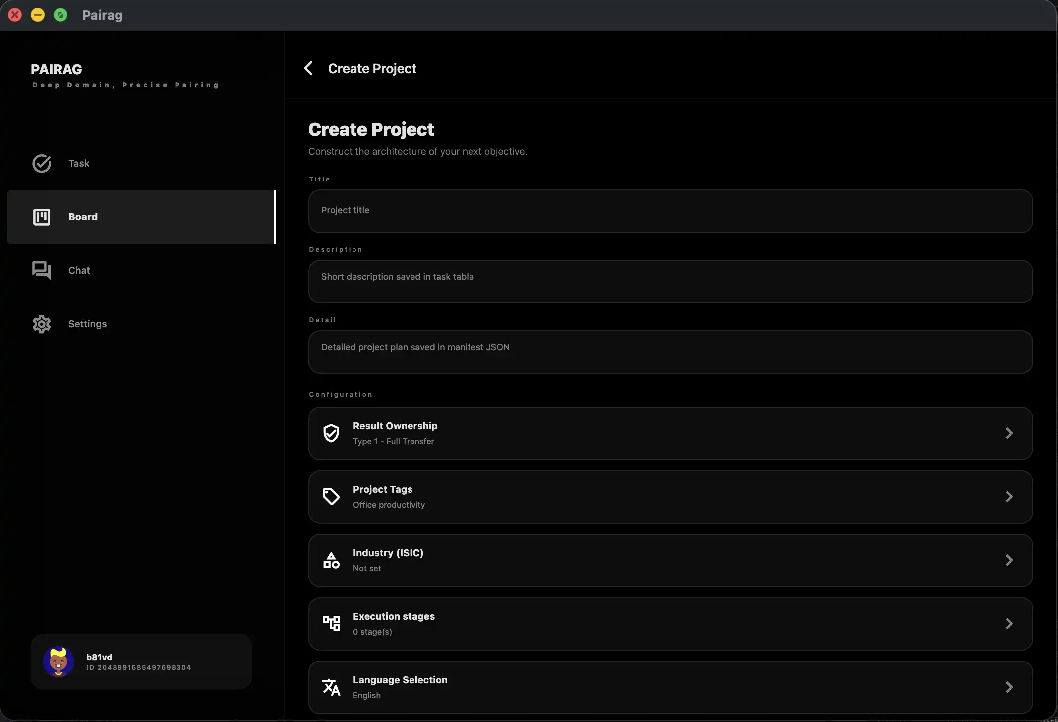 Create task screen: basic information and configuration